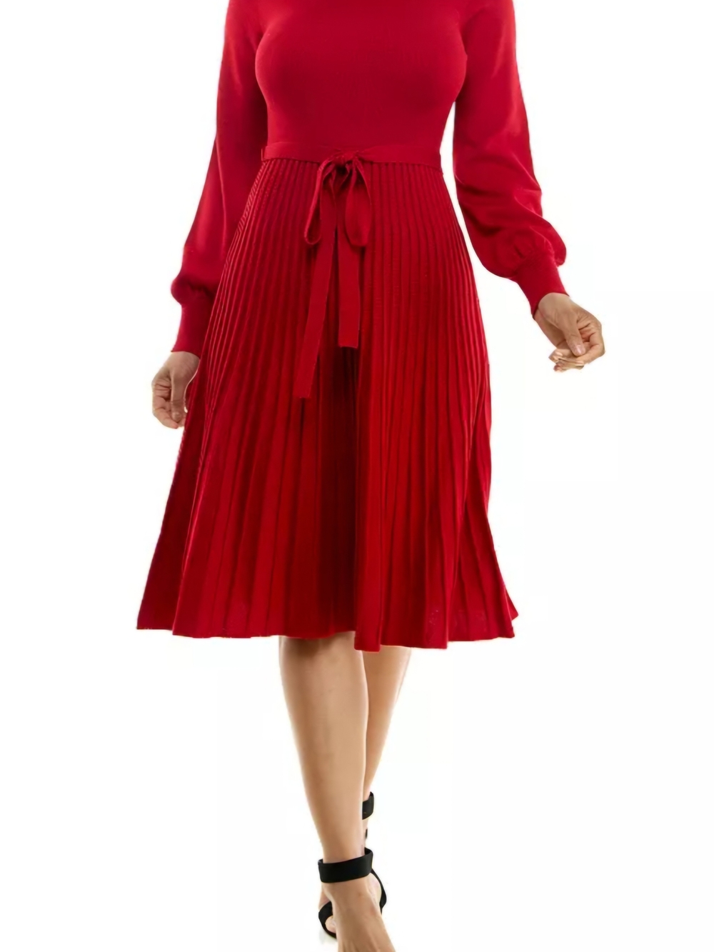 Nina Leonard Red Long-Sleeve Pleated Midi Dress with Waist Tie